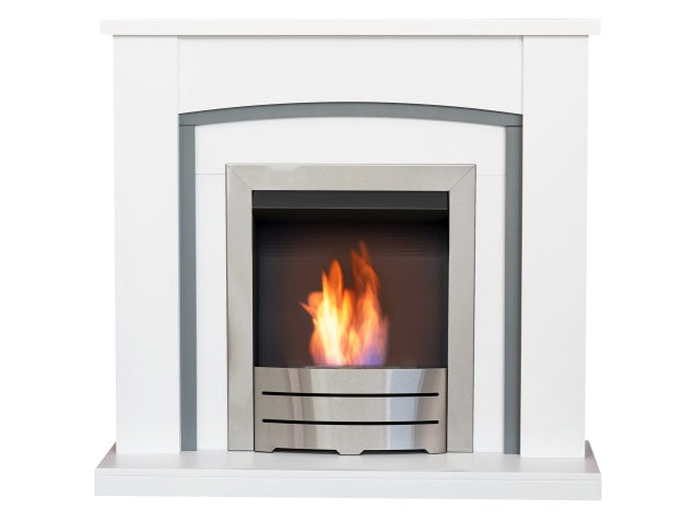 Chilton Fireplace in Pure White & Grey with Colorado Bio Ethanol Fire in Brushed Steel, 39 Inch