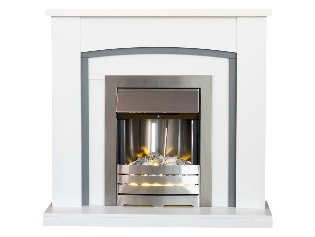 Chilton Fireplace in Pure White & Grey with Helios Electric Fire in Brushed Steel, 39 Inch