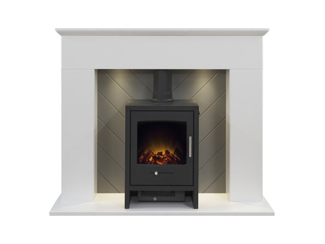 Corinth Stove Fireplace in Pure White & Grey with Downlights & Bergen Electric Stove in Charcoal Grey, 48 Inch