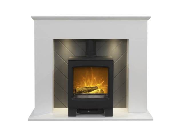 Corinth Stove Fireplace in Pure White & Grey with Downlights & Lunar Electric Stove in Charcoal Grey, 48 Inch