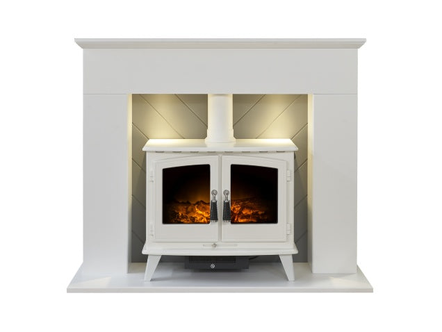 Corinth Stove Fireplace in Pure White & Grey with Downlights & Woodhouse Electric Stove in Pure White, 48 Inch