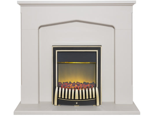 Cotswold Fireplace Suite in Stone Effect with Elan Electric Fire in Brass, 48 Inch