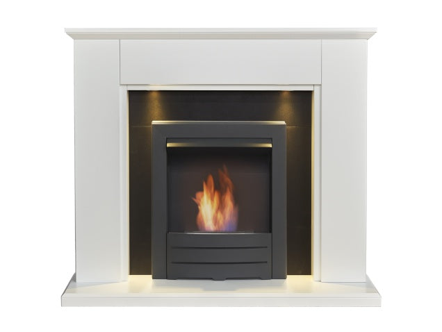 Eltham Fireplace in Pure White & Black with Downlights & Colorado Bio Ethanol in Black, 45 Inch