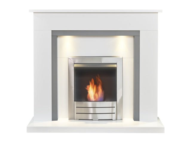 Genoa Fireplace in Pure White & Grey with Downlights & Colorado Bio Ethanol Fire in Brushed Steel, 48 Inch