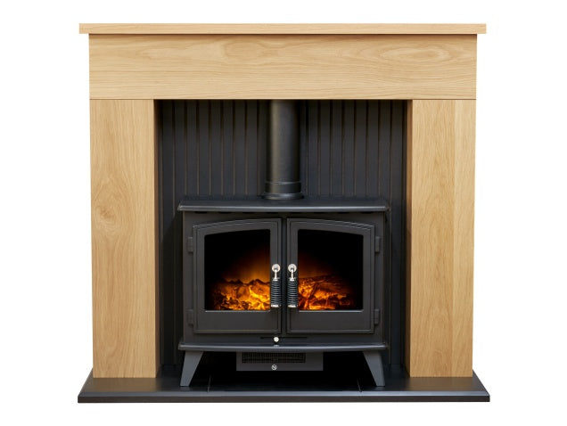 Innsbruck Stove Fireplace in Oak with Woodhouse Electric Stove in Black, 45 Inch