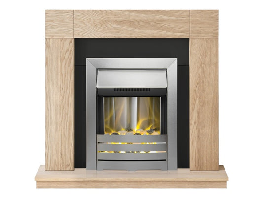 Malmo Fireplace in Oak & Black with Helios Electric Fire in Brushed Steel, 39 Inch