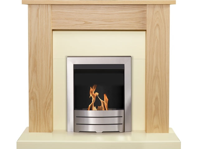 New England Fireplace in Oak & Cream with Colorado Bio Ethanol Fire in Brushed Steel, 48 Inch