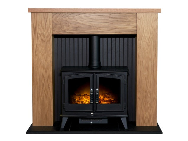 New England Stove Fireplace in Oak & Black with Woodhouse Electric Stove in Black, 48 Inch