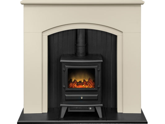 Rotherham Stove Fireplace in Stone Effect with Hudson Electric Stove in Black, 48 Inch