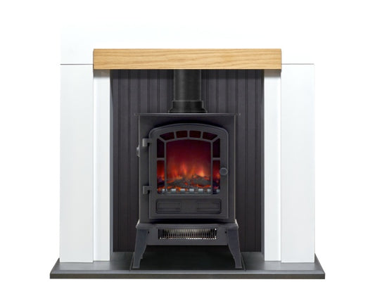 Salzburg in Pure White & Oak with Sureflame Ripon Electric Stove in Black, 39 Inch