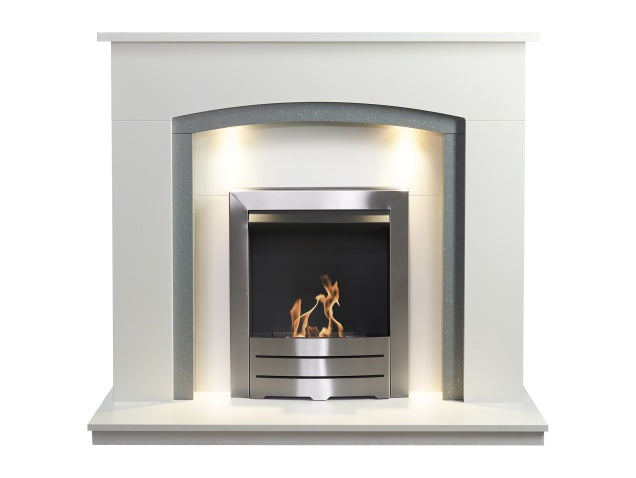 Savanna Fireplace in Pure White & Grey with Downlights & Colorado Bio Ethanol Fire in Brushed Steel, 48 Inch