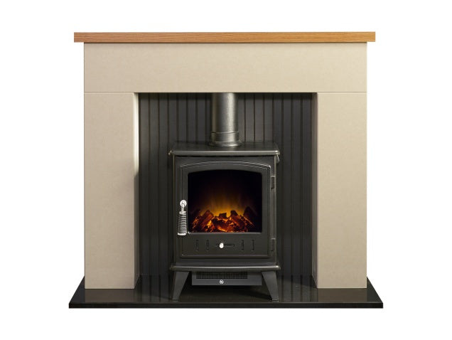 Stockholm Bianca Beige Marble & Wooden Stove Fireplace with Aviemore Electric Stove in Black, 45 Inch