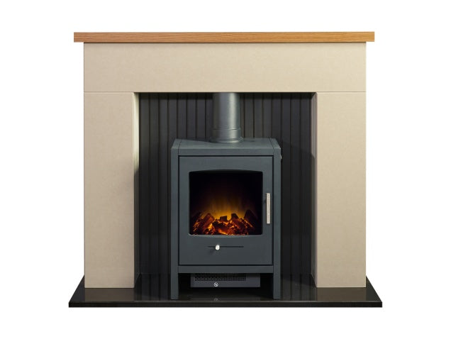 Stockholm Bianca Beige Marble & Wooden Stove Fireplace with Bergen Electric Stove in Charcoal Grey, 45 Inch