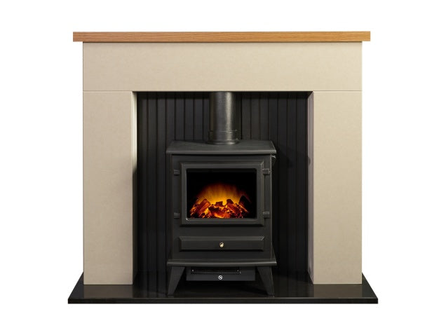 Stockholm Bianca Beige Marble & Wooden Stove Fireplace with Hudson Electric Stove in Black, 45 Inch