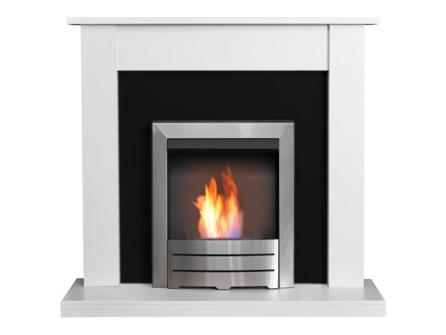 Sutton Fireplace in Pure White & Black with Colorado Bio Ethanol Fire in Brushed Steel, 43 Inch