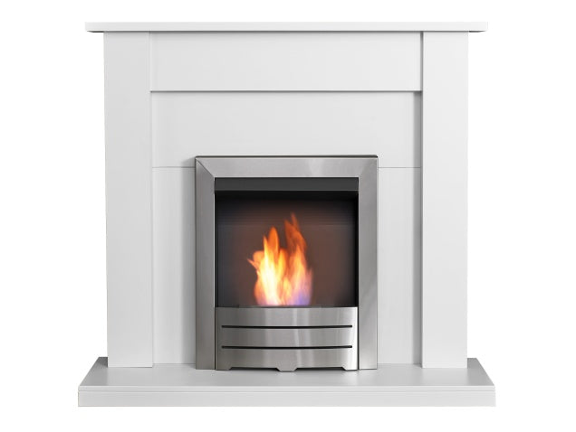 Sutton Fireplace in Pure White with Colorado Bio Ethanol Fire in Brushed Steel, 43 Inch