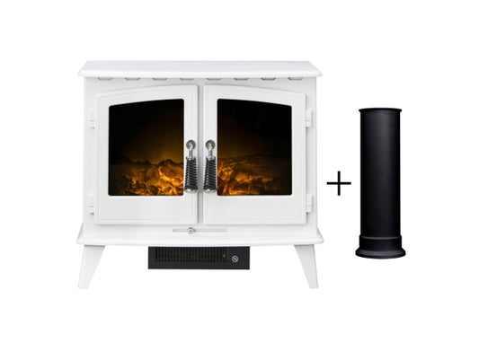 Woodhouse Electric Stove in Pure White with Straight Stove Pipe in Black