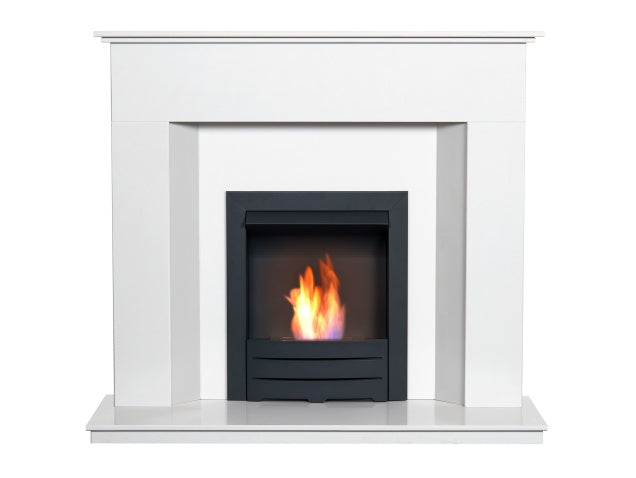 Alora Crystal White Marble Fireplace with Colorado Black Bio Ethanol Fire, 48 Inch