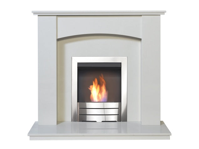 Naples White Marble Fireplace with Downlights & Colorado Brushed Steel Bio Ethanol Fire, 48 Inch