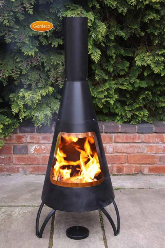 Cono, large conical shaped steel chimenea,with copper coloured mouth rim