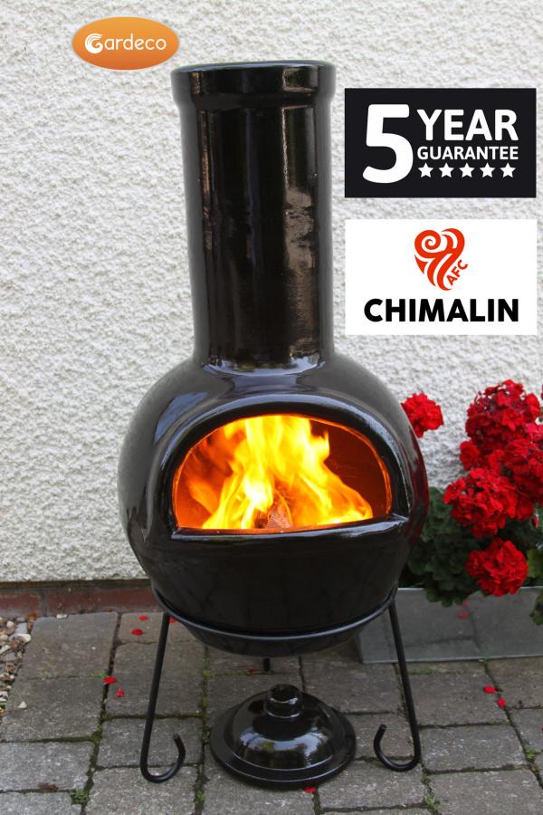 Sempra large Chimalin AFC chimenea in glazed black, including lid & stand