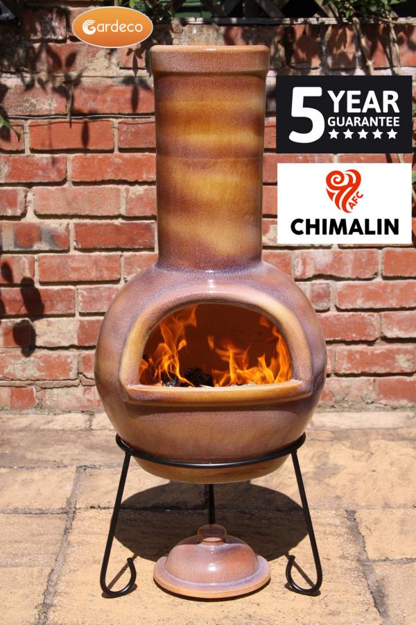 Sempra large Chimalin AFC chimenea in glazed caramel, including lid & stand