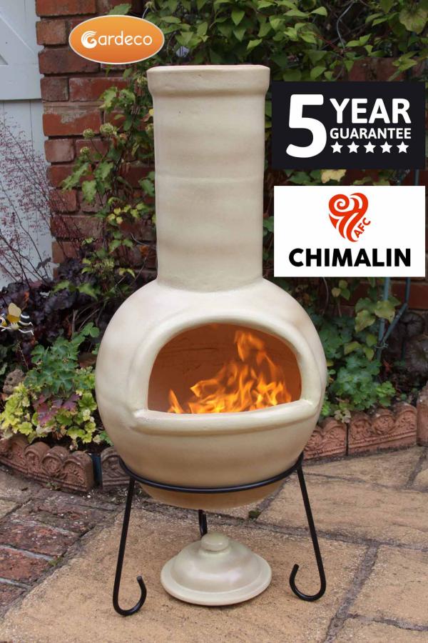 Sempra large Chimalin AFC chimenea in glazed cappucino, including lid & stand