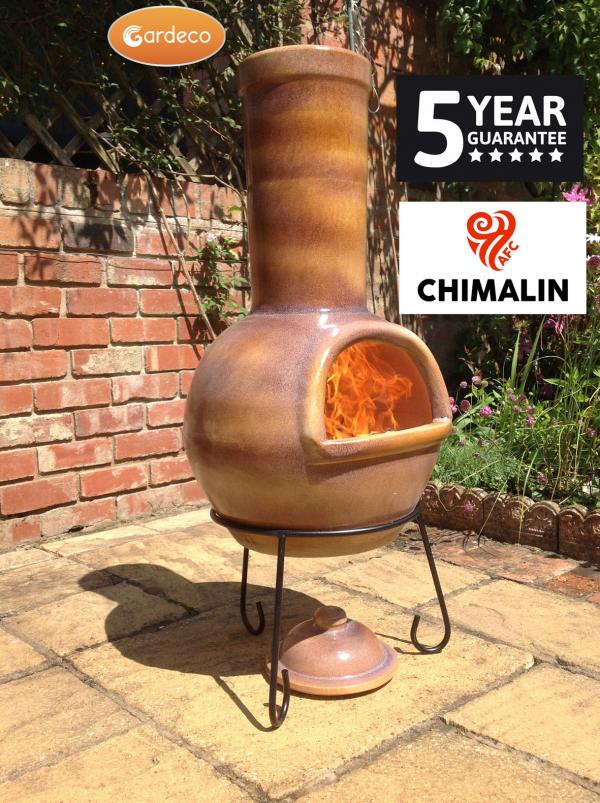 Sempra large Chimalin AFC chimenea in glazed caramel, including lid & stand