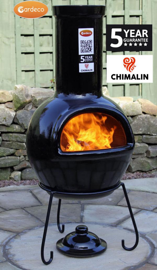 Sempra large Chimalin AFC chimenea in glazed black, including lid & stand