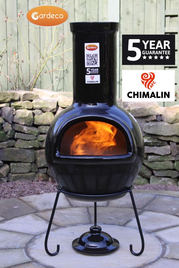 Sempra large Chimalin AFC chimenea in glazed black, including lid & stand