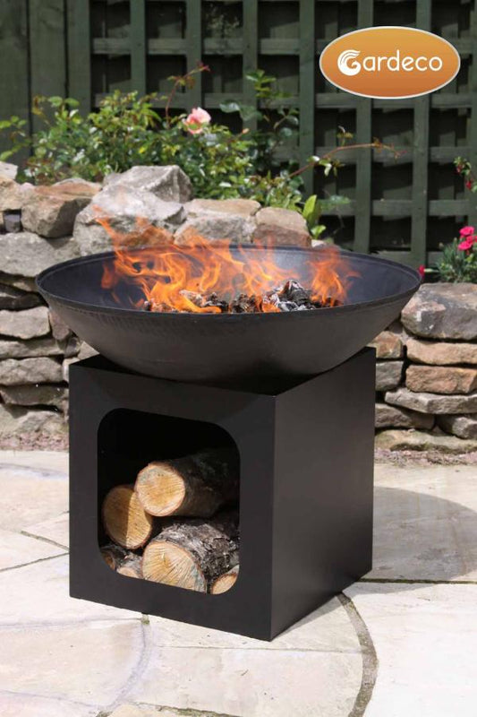 Isla large cast iron fire bowl with log store