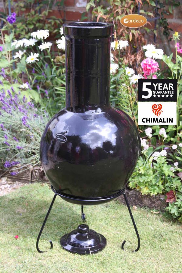 Sempra large Chimalin AFC chimenea in glazed black, including lid & stand