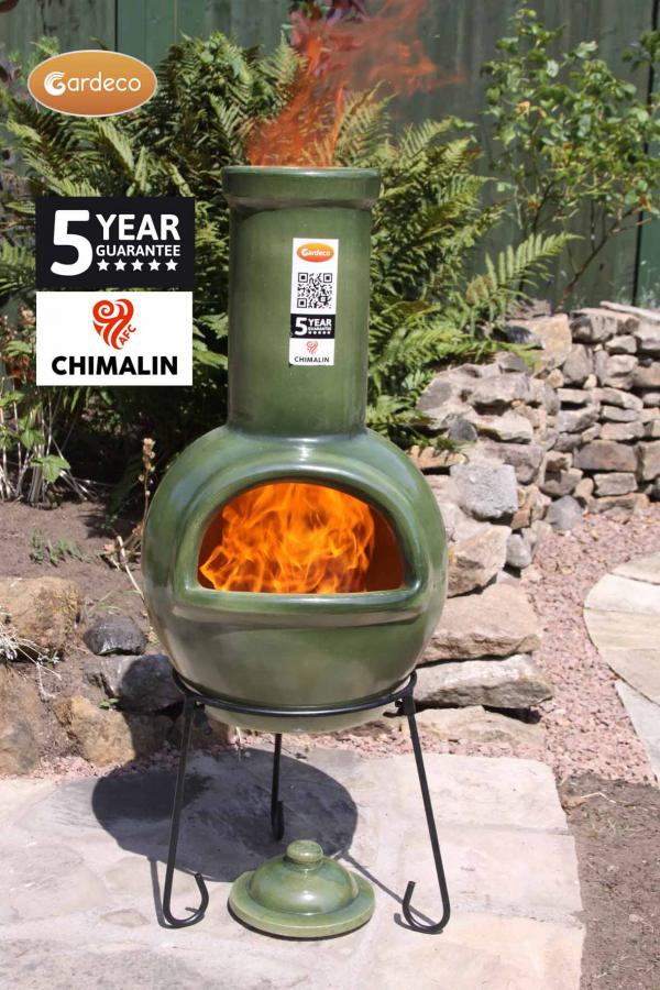 Sempra large Chimalin AFC chimenea in glazed green, including lid & stand