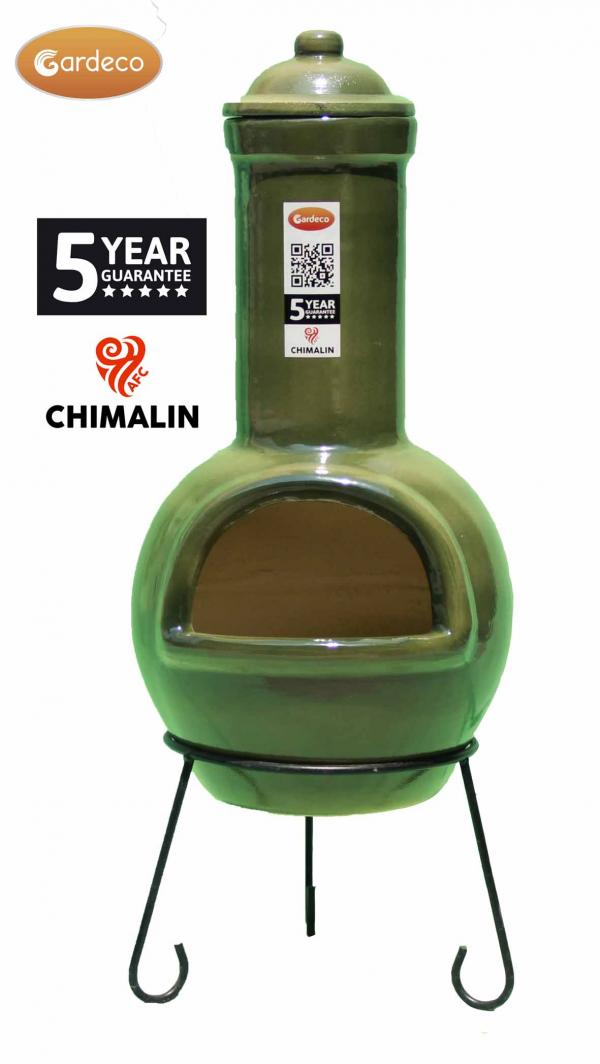 Sempra large Chimalin AFC chimenea in glazed green, including lid & stand