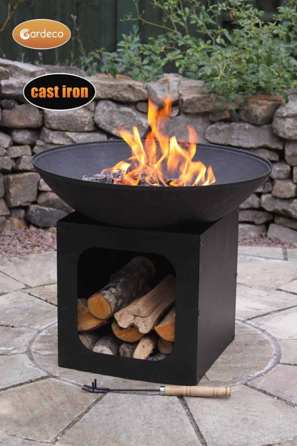 Isla large cast iron fire bowl with log store