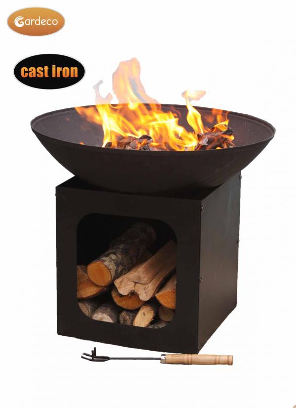 Isla large cast iron fire bowl with log store