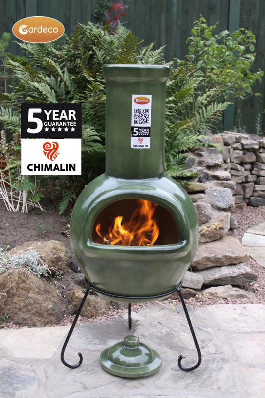 Sempra large Chimalin AFC chimenea in glazed green, including lid & stand