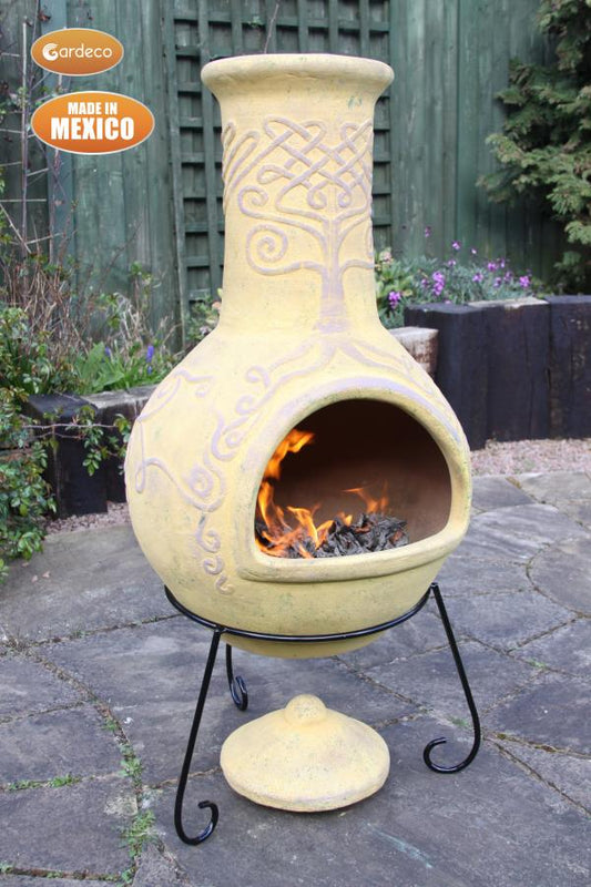 Derwyn The Tree Mexican chimenea mustard tone Celtic theme including stand and lid