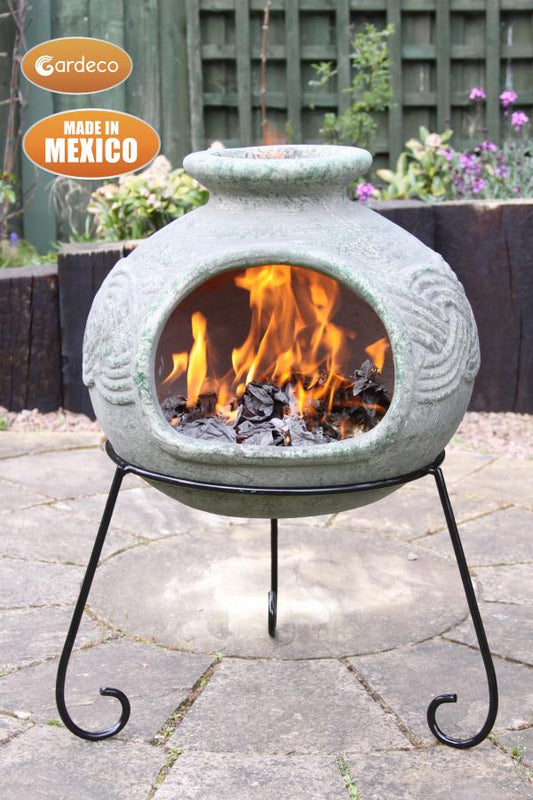 Elfyn wide bellied Mexican chimenea Celtic theme including stand