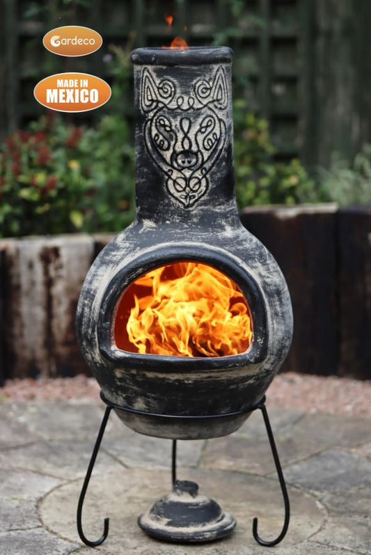 Wulfryc stylised wolf Mexican chimenea Charcaol colour Celtic theme including stand and lid