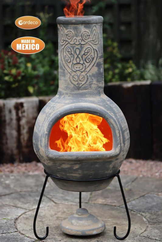 Wulfryc stylised wolf Mexican chimenea Grey colour Celtic theme including stand and lid