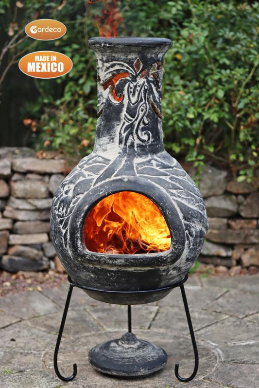 Derwyn The Tree Mexican chimenea green tree on charcoal Celtic theme including stand and lid