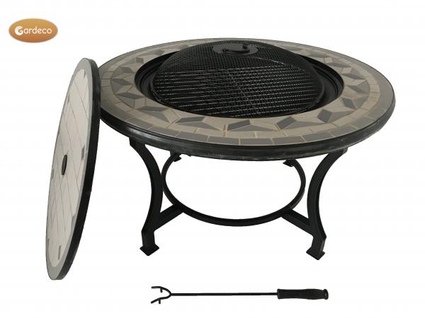 Tile Mosaic Firepit Table including BBQ Grill and matching closing lid in contemporary grey