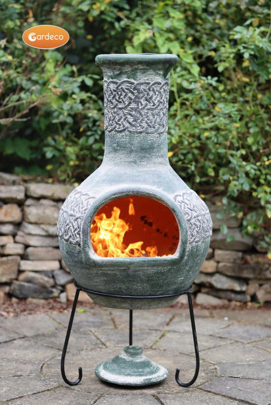 Extra-Large Edyth Mexican chimenea Celtic style in grey-green finish including stand & lid