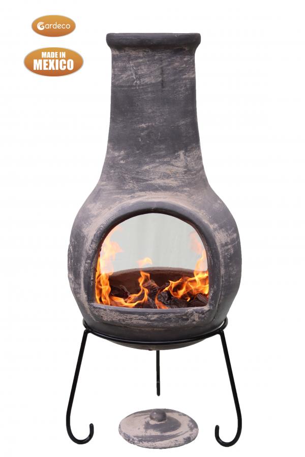 Extra-large Mexican Chimenea Dos Bocas (with two mouths) in grey including stand and lid