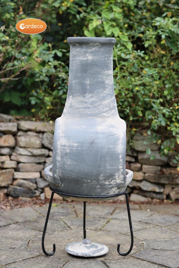 Extra-large Mexican Chimenea Dos Bocas (with two mouths) in grey including stand and lid